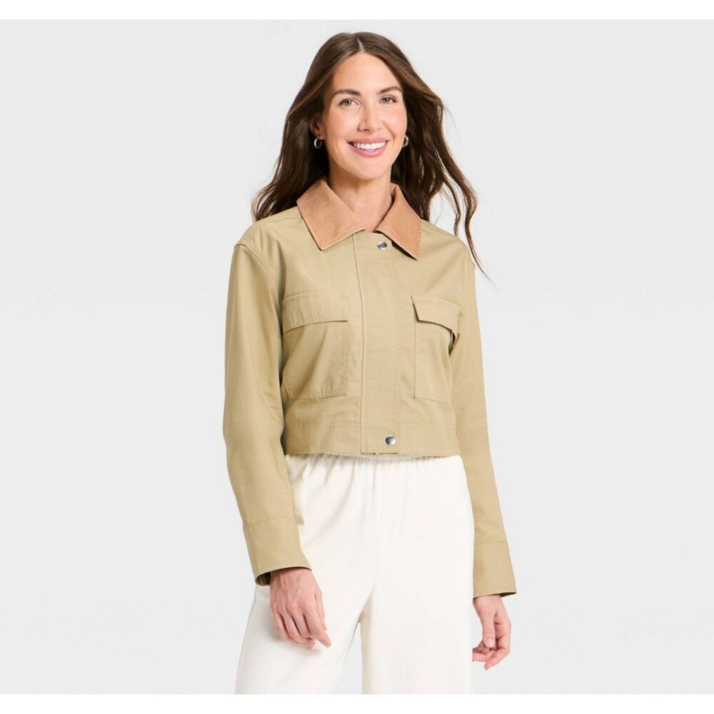 Women's A New Day Transitional Cropped Full Zip Jacket Tan Small